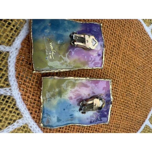 VTG  signed  1988 Amy Lacombe designer blue  green Clip On Earrings - Picture 4 of 8